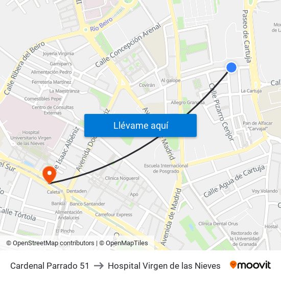 Cardenal Parrado 51 to Hospital Virgen de las Nieves map