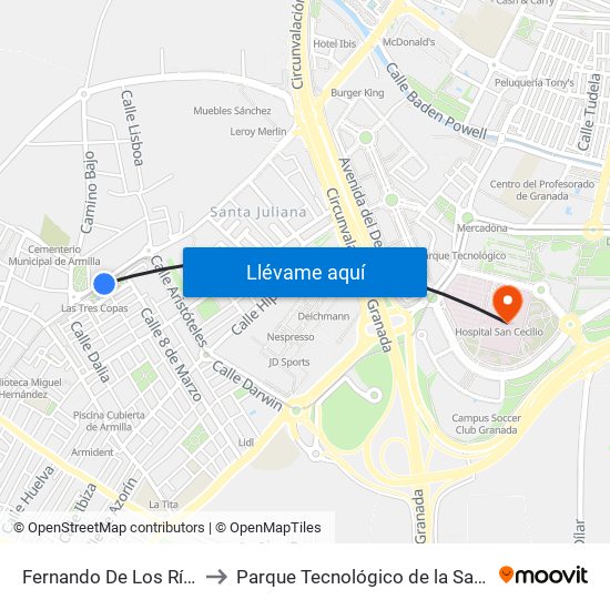 Fernando De Los Ríos to Parque Tecnológico de la Salud map