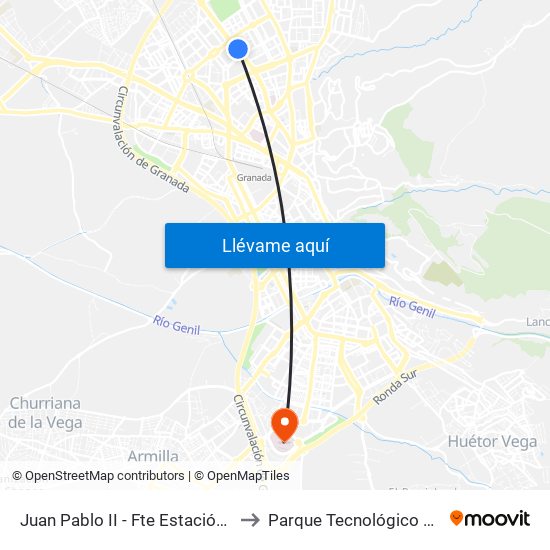 Juan Pablo II - Fte Estación Autobuses to Parque Tecnológico de la Salud map