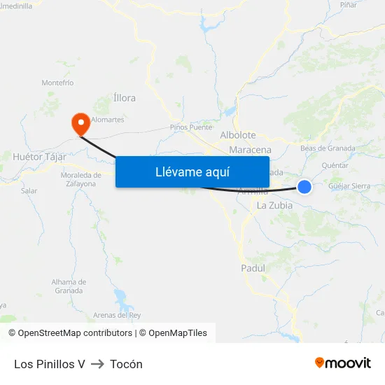 Los Pinillos V to Tocón map