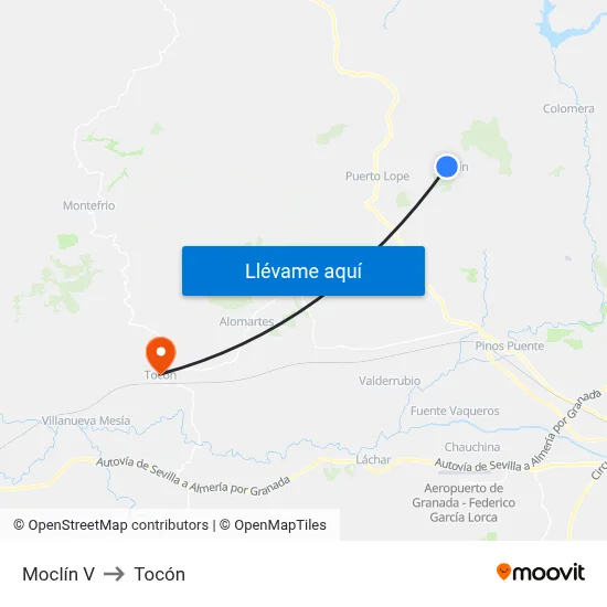 Moclín V to Tocón map
