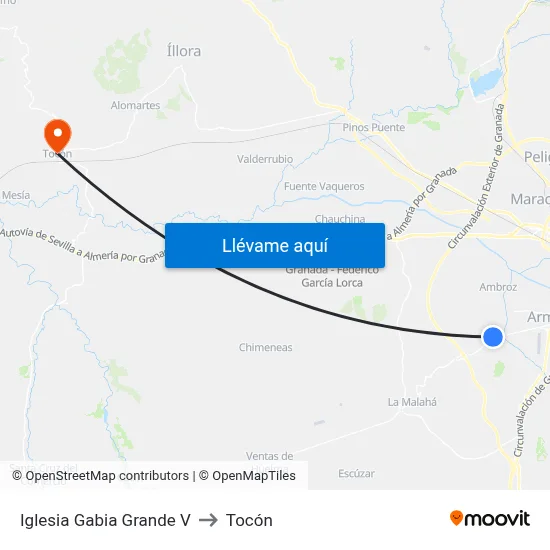 Iglesia Gabia Grande V to Tocón map