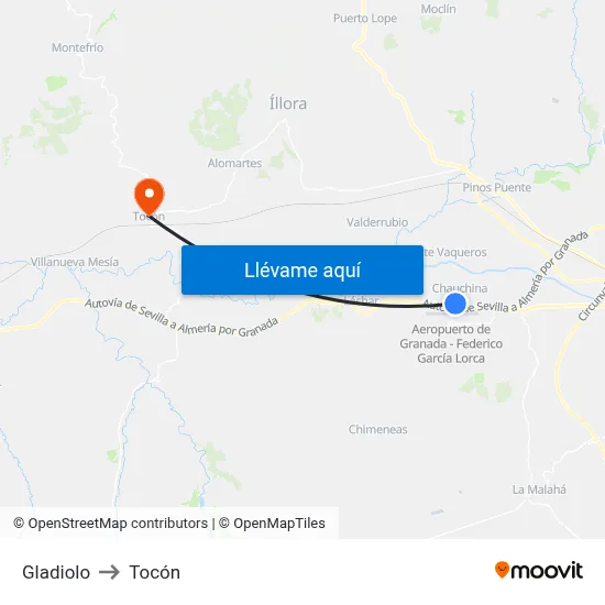 Gladiolo to Tocón map