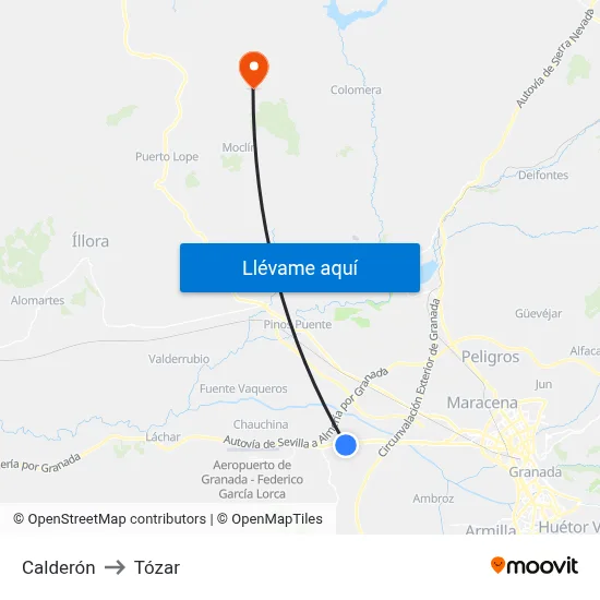 Calderón to Tózar map