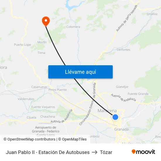 Juan Pablo II - Estación De Autobuses to Tózar map
