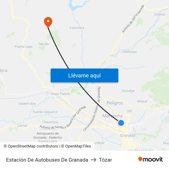 Estación De Autobuses De Granada to Tózar map