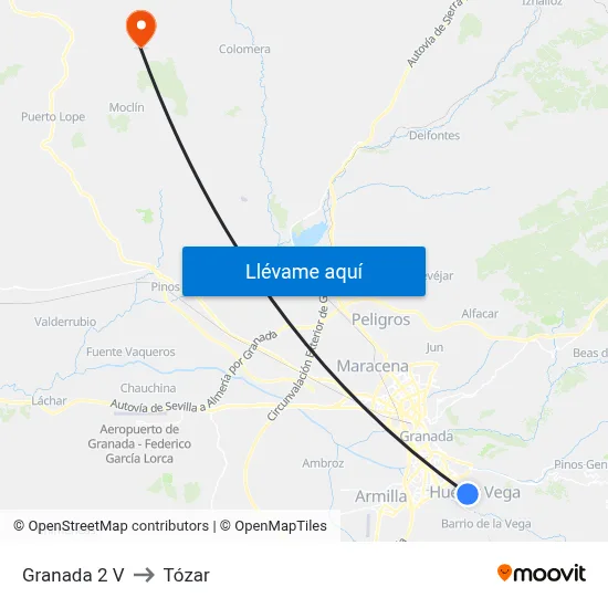 Granada 2 V to Tózar map