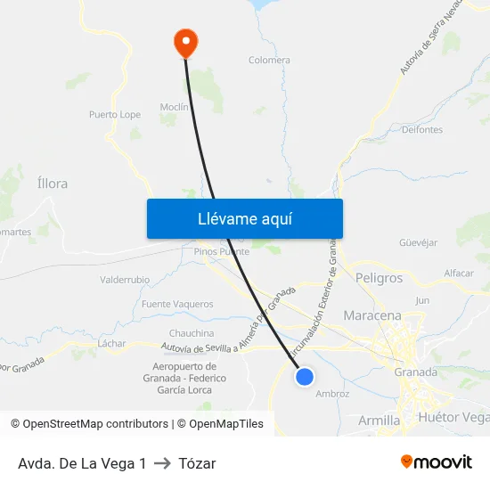 Avda. De La Vega 1 to Tózar map