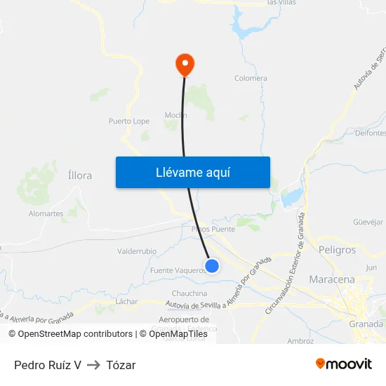Pedro Ruíz V to Tózar map