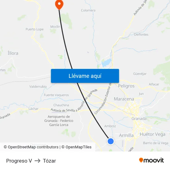 Progreso V to Tózar map