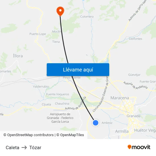 Caleta to Tózar map