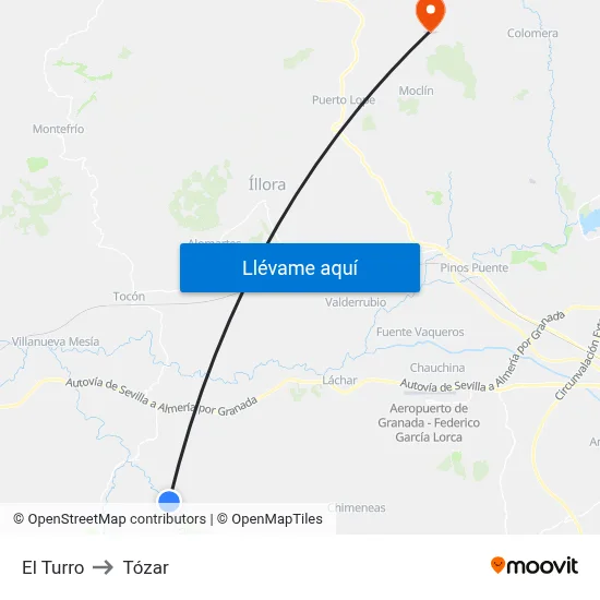El Turro to Tózar map