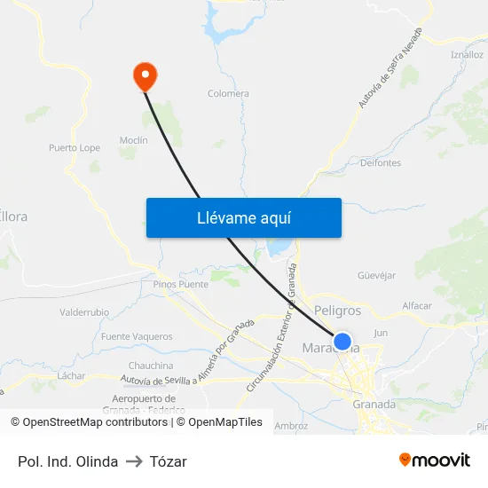 Pol. Ind. Olinda to Tózar map