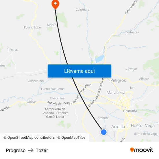 Progreso to Tózar map