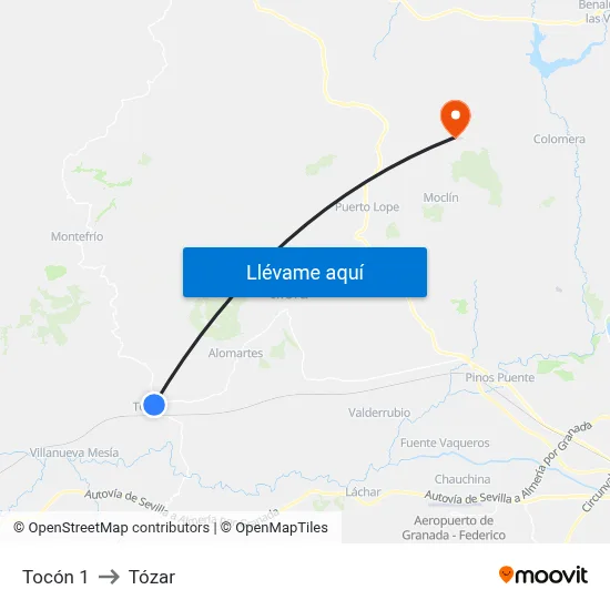 Tocón 1 to Tózar map