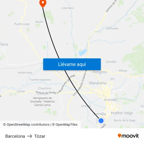 Barcelona to Tózar map