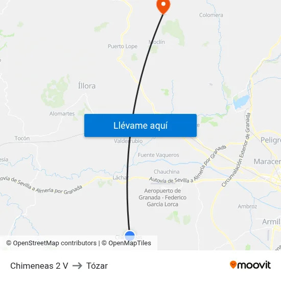 Chimeneas 2 V to Tózar map