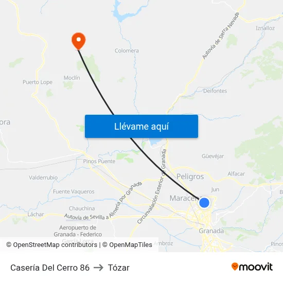Casería Del Cerro 86 to Tózar map