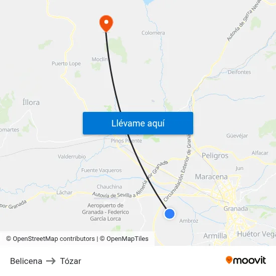 Belicena to Tózar map