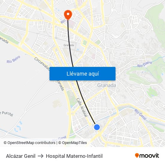 Alcázar Genil to Hospital Materno-Infantil map