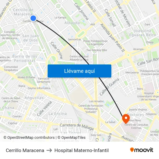 Cerrillo Maracena to Hospital Materno-Infantil map