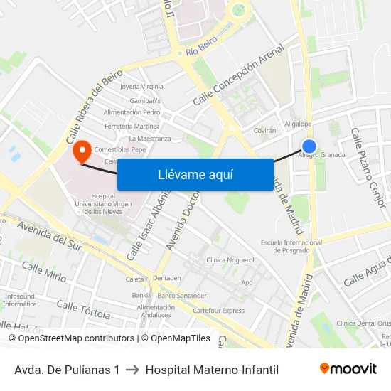 Avda. De Pulianas 1 to Hospital Materno-Infantil map