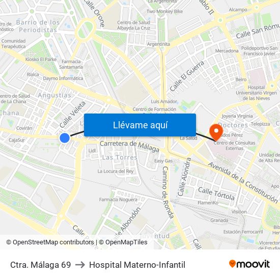 Ctra. Málaga 69 to Hospital Materno-Infantil map