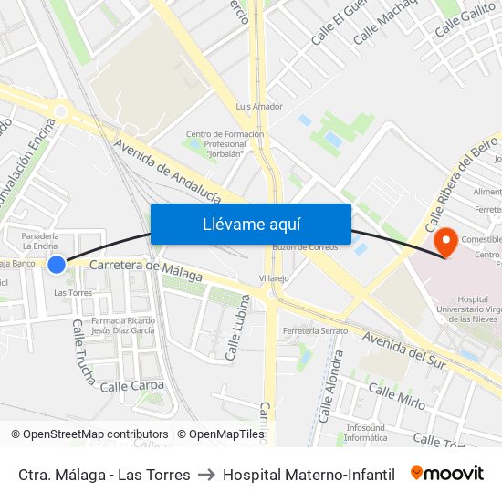 Ctra. Málaga - Las Torres to Hospital Materno-Infantil map