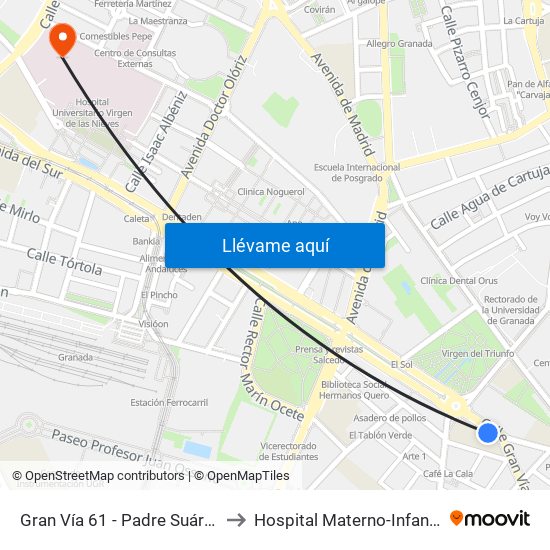 Gran Vía 61 - Padre Suárez to Hospital Materno-Infantil map