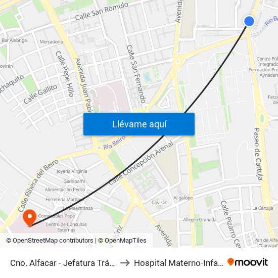 Cno. Alfacar - Jefatura Tráfico to Hospital Materno-Infantil map