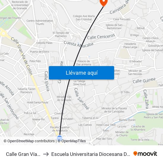 Calle Gran Vía De Colón, 12 to Escuela Universitaria Diocesana De Magisterio La Inmaculada map