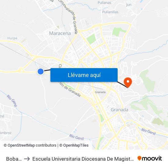 Bobadilla to Escuela Universitaria Diocesana De Magisterio La Inmaculada map