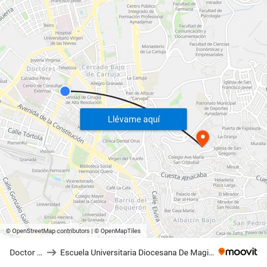Doctor Olóriz to Escuela Universitaria Diocesana De Magisterio La Inmaculada map