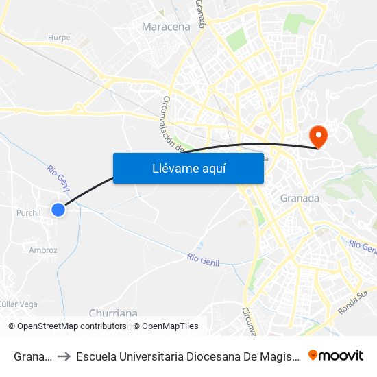 Granada V to Escuela Universitaria Diocesana De Magisterio La Inmaculada map