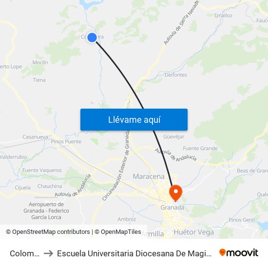 Colomera 1 to Escuela Universitaria Diocesana De Magisterio La Inmaculada map