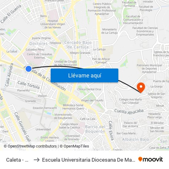 Caleta - Hospital to Escuela Universitaria Diocesana De Magisterio La Inmaculada map