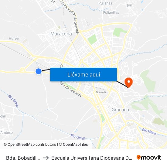 Bda. Bobadilla - Secadero to Escuela Universitaria Diocesana De Magisterio La Inmaculada map
