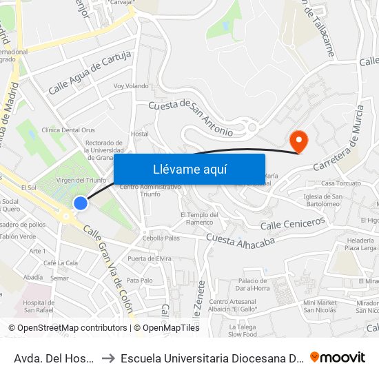 Avda. Del Hospicio - Triunfo to Escuela Universitaria Diocesana De Magisterio La Inmaculada map