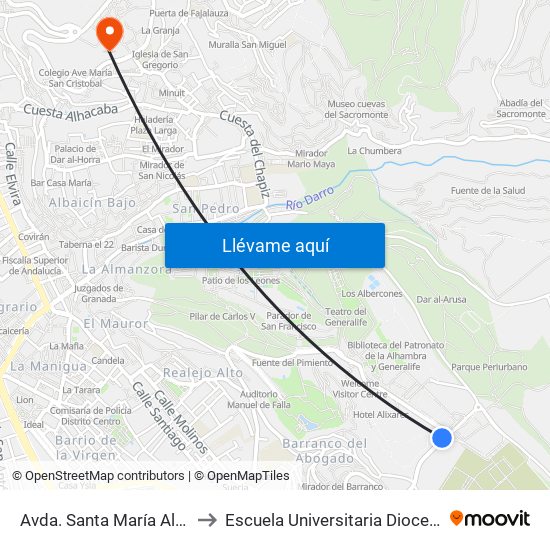 Avda. Santa María Alhambra - Parking Generalife to Escuela Universitaria Diocesana De Magisterio La Inmaculada map