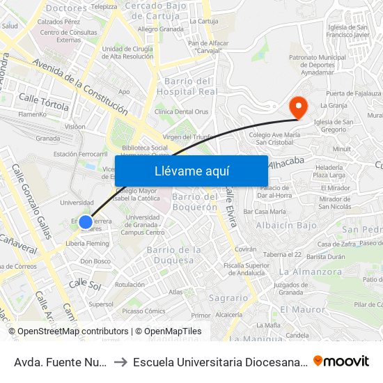 Avda. Fuente Nueva - Universidad to Escuela Universitaria Diocesana De Magisterio La Inmaculada map