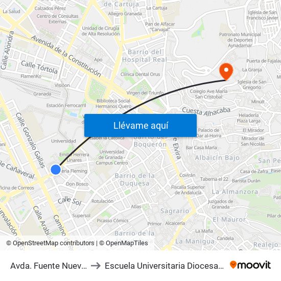 Avda. Fuente Nueva - Facultad Ciencias to Escuela Universitaria Diocesana De Magisterio La Inmaculada map