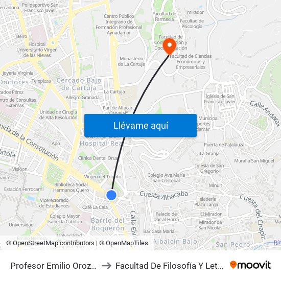 Profesor Emilio Orozco to Facultad De Filosofía Y Letras map