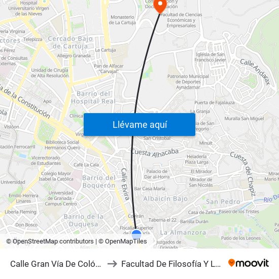 Calle Gran Vía De Colón, 12 to Facultad De Filosofía Y Letras map
