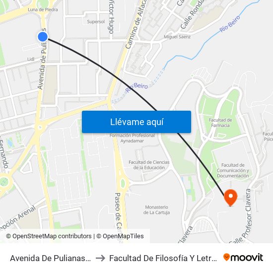 Avenida De Pulianas 3 to Facultad De Filosofía Y Letras map