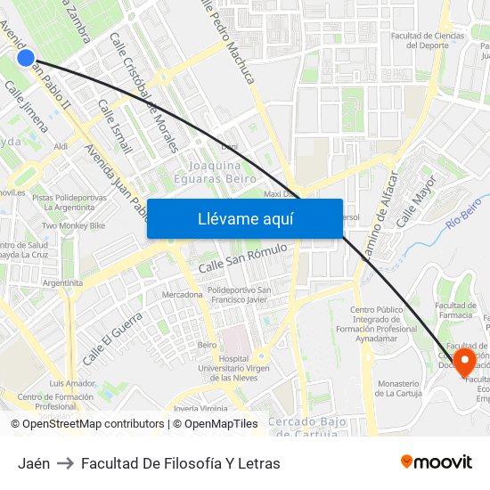 Jaén to Facultad De Filosofía Y Letras map
