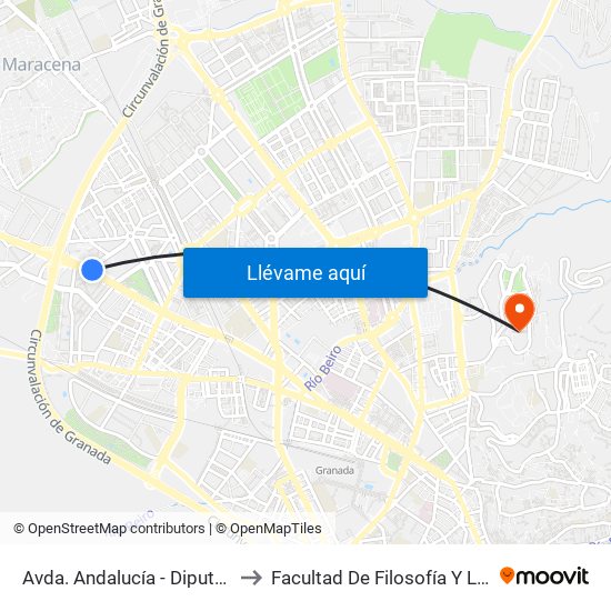 Avda. Andalucía - Diputación to Facultad De Filosofía Y Letras map