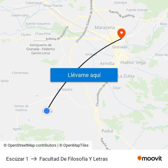 Escúzar 1 to Facultad De Filosofía Y Letras map