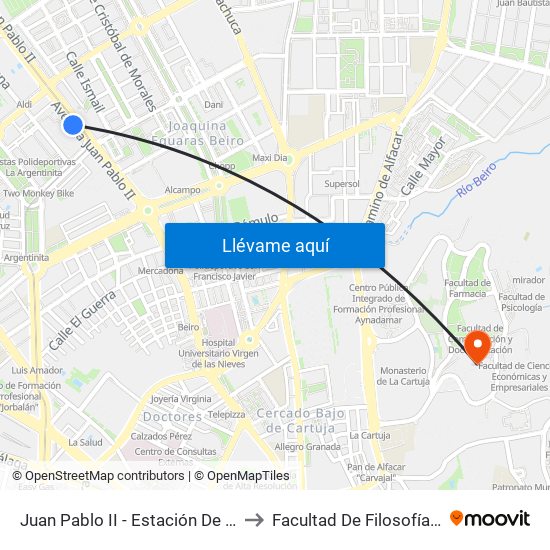 Juan Pablo II - Estación De Autobuses to Facultad De Filosofía Y Letras map