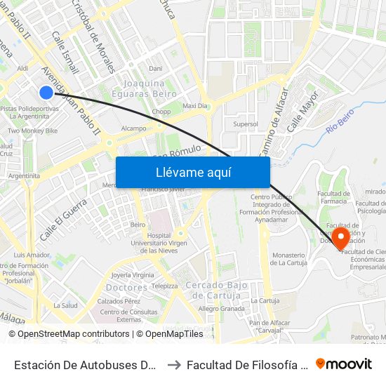 Estación De Autobuses De Granada to Facultad De Filosofía Y Letras map