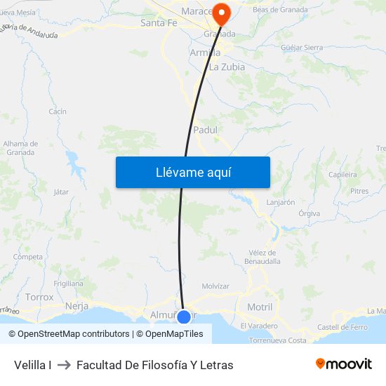 Velilla I to Facultad De Filosofía Y Letras map